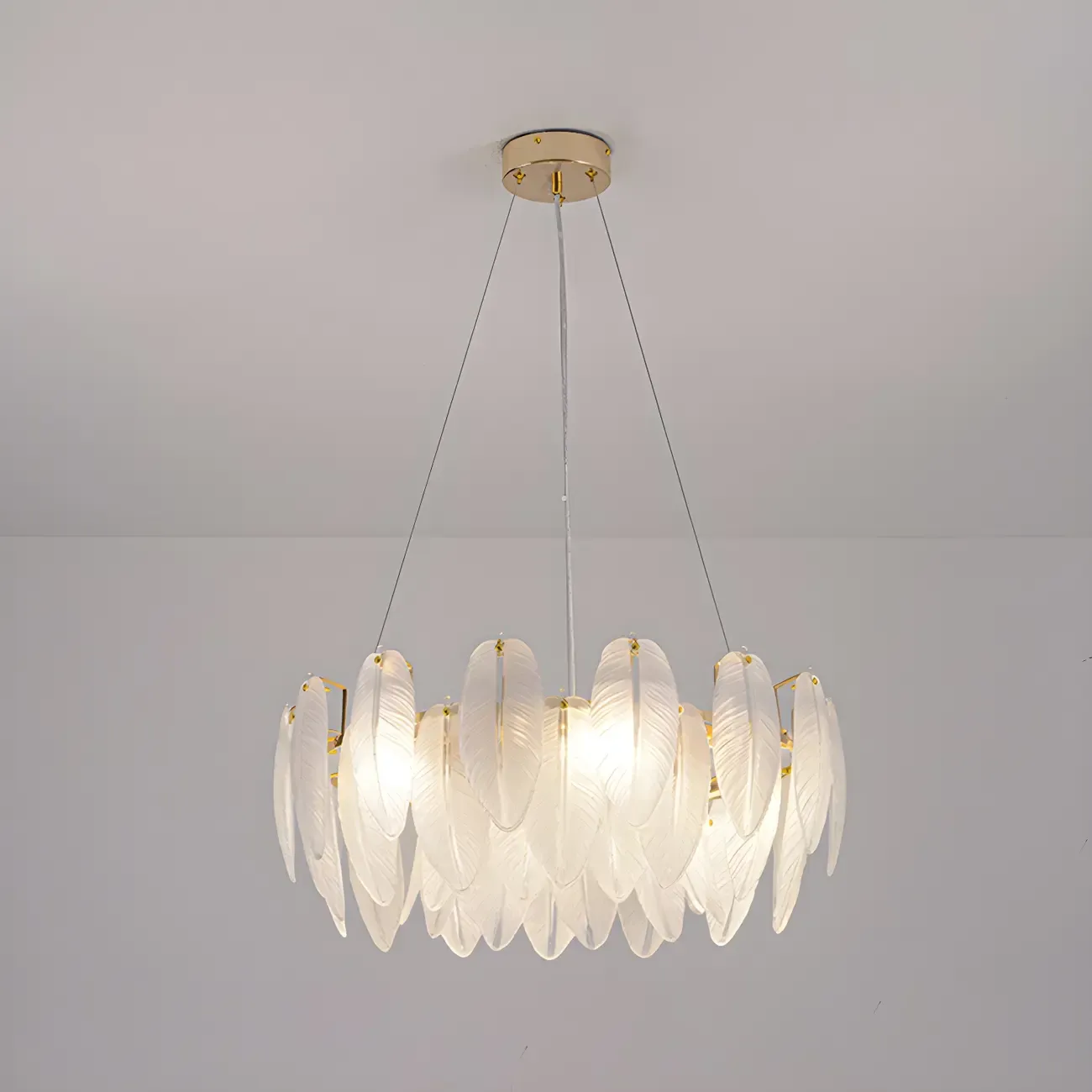 Elegant White Glass Feather Round Chandelier