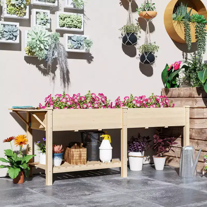 Outsunny Raised Garden Bed, Wood Elevated Planter Box with Side Table, Bottom Shelf, Bed Liners and Drainage Holes