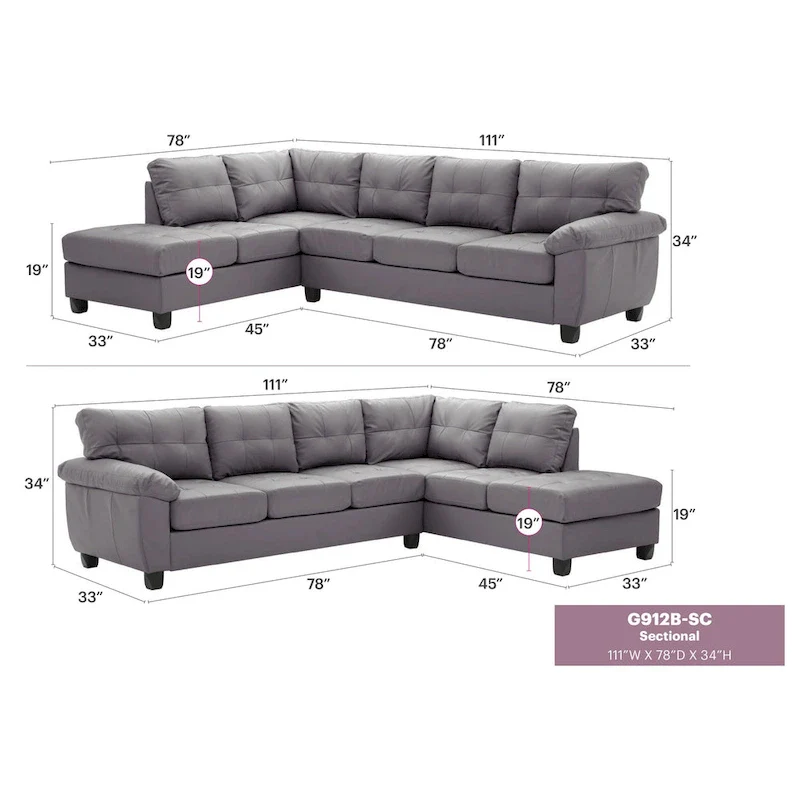 Gallant 111 in. W 2-piece Faux Leather L Shape Sectional Sofa - 78 L x 111 W x 32 H
