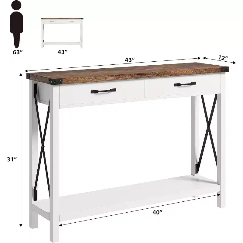 43 Console Table with Drawers & Open Shelf, Entryway Table2-Tier Narrow Sofa Table for Entryway, Living Room, Corridor,White