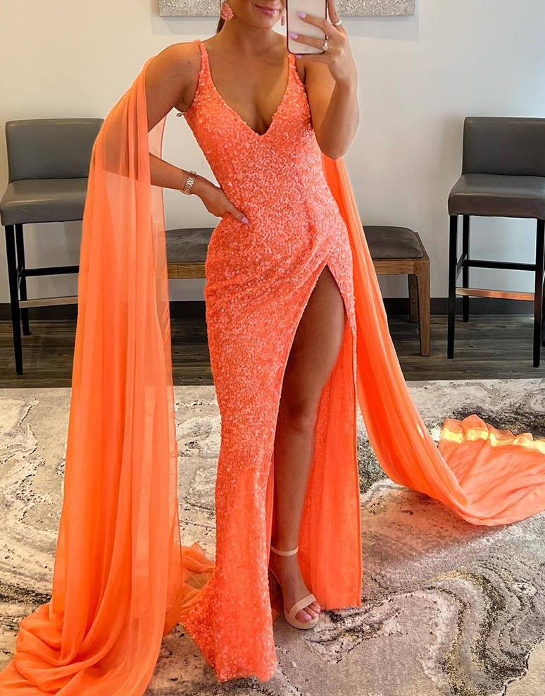 Mermaid V Neck Sequin Prom Dress with Slit