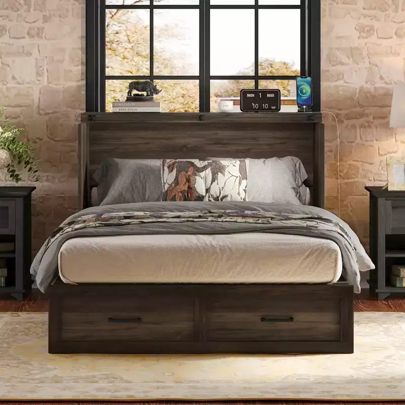 MAYEERTY Full Size Framhouse Cabinet Bed with Foldable Platform Bed with Large Storage Drawer for Bedroom Rustic Gray