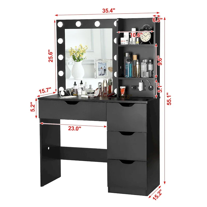 White Makeup Vanity Desk with Mirror and Lights - 15.2D x 35.4W x 55.1H