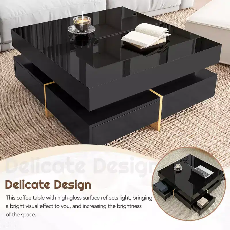Modern High Gloss Coffee Table With 4 Drawers, Multi-Storage Square Cocktail Tea Table,Center Table,abstract,black,31.5in,2.63ft