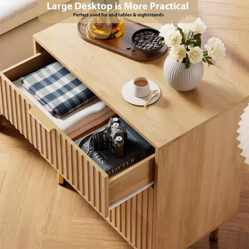 Dresser for Bedroom, 3-Drawer Natural Fluted Wooden Dresser, Modern Nightstand with Wide Top for Living Room Kids Room