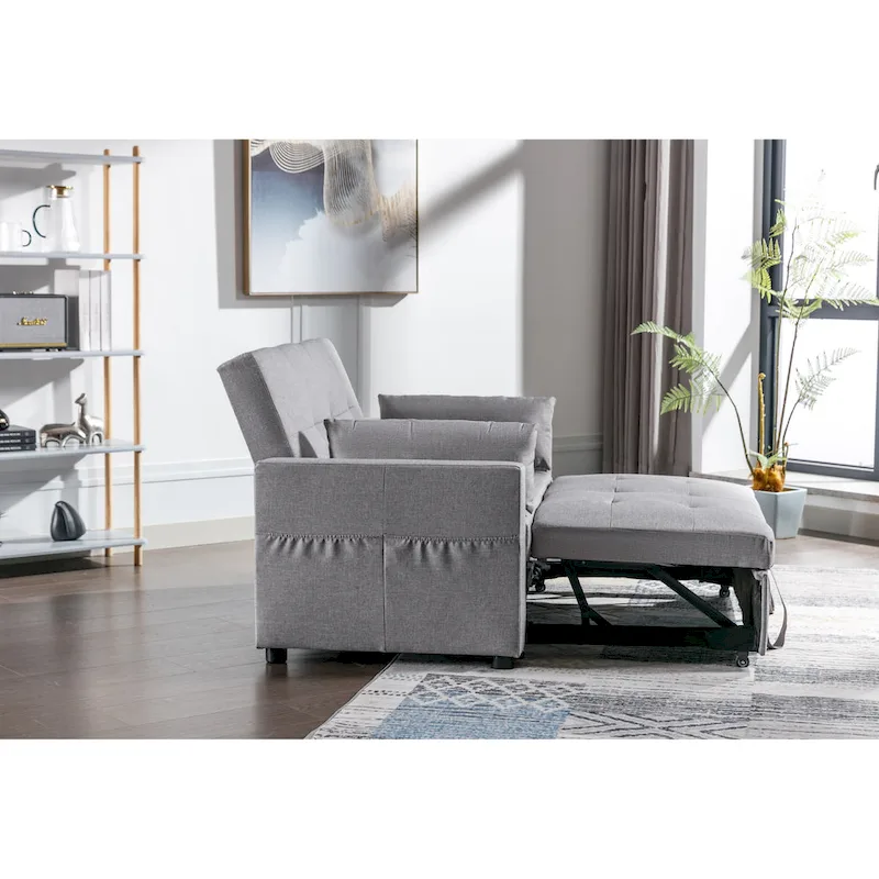 Light Grey Linen Loveseat Convertible Sofa Bed with Side Pocket