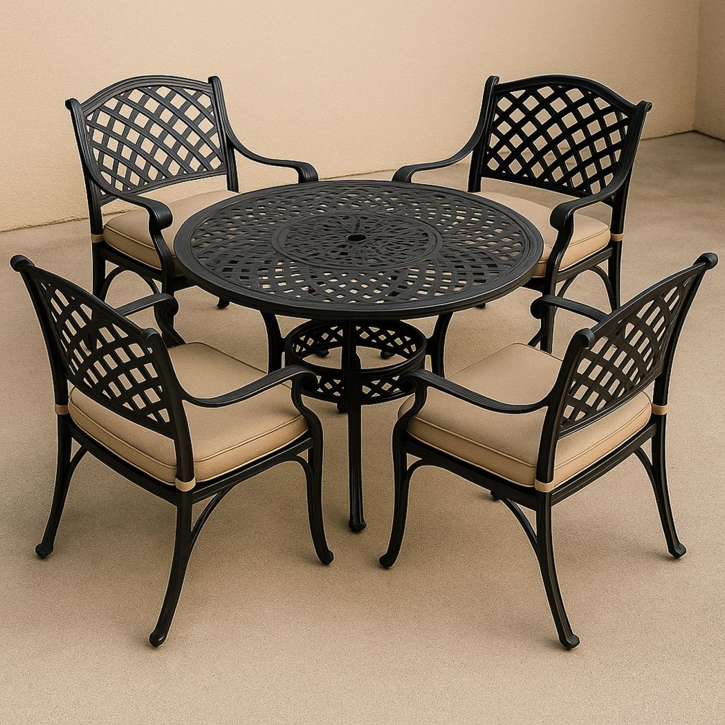 Ensemble de Table et Chaises de Jardin en Aluminium Noir avec Coussin Beige, Table Ronde Ø106 cm, 5 Pièces