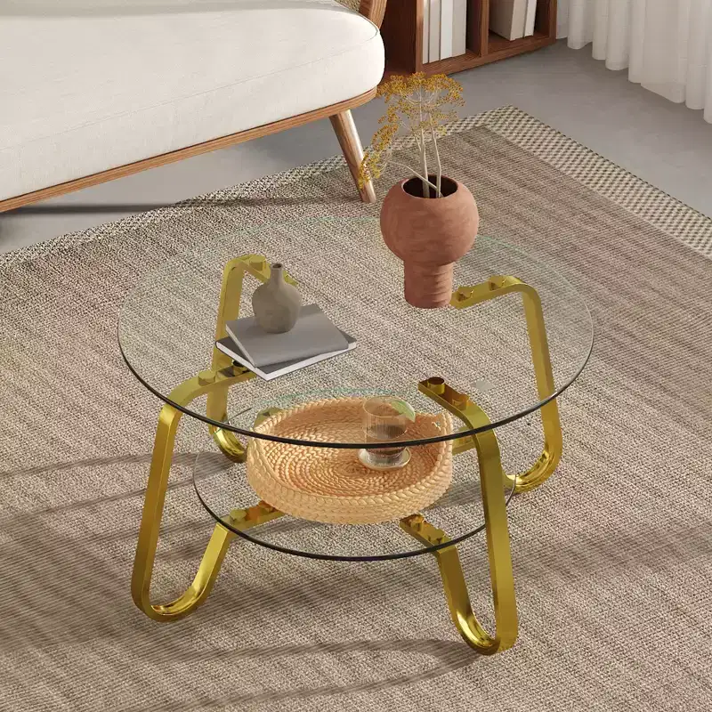 Fun little toys brand Retro minimalist style metal frame double-layer tempered glass coffee table, size 31.5 * 31.5 * 17.7 inches