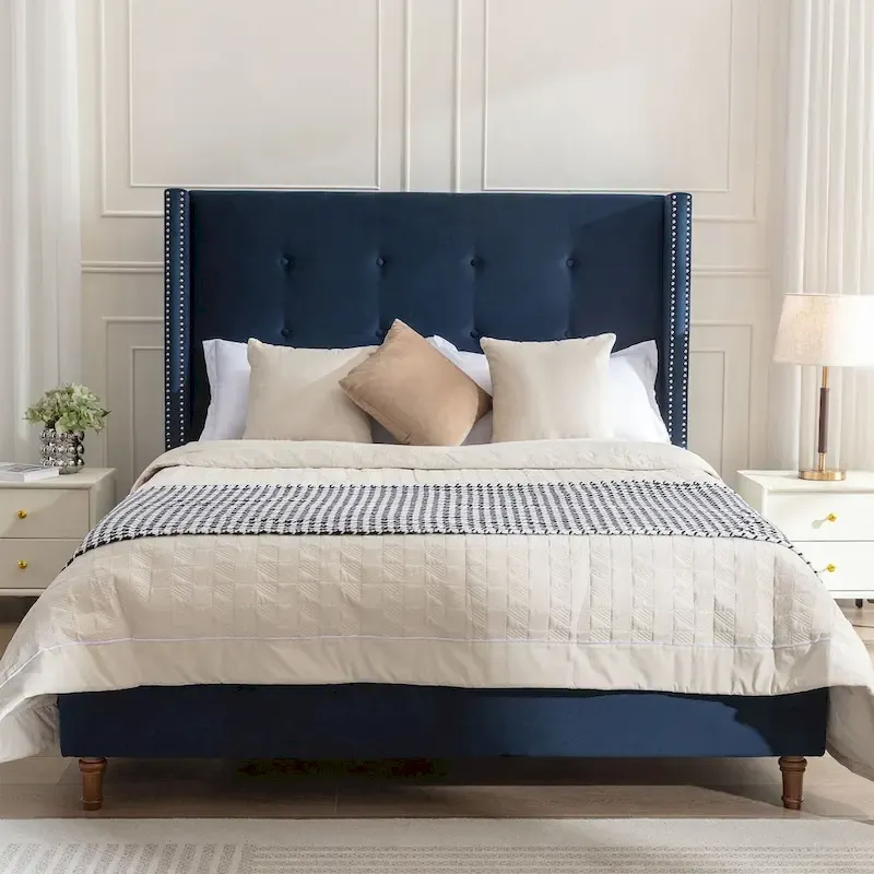 Queen Upholstered Velvet Bed, Wingback Tufted Headboard, Blue / Ivory, For 2