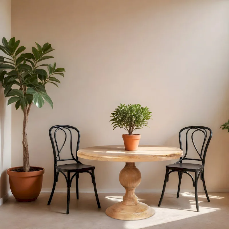 48 Round Dining Table, Antique Natural Mango Wood Pedestal Base