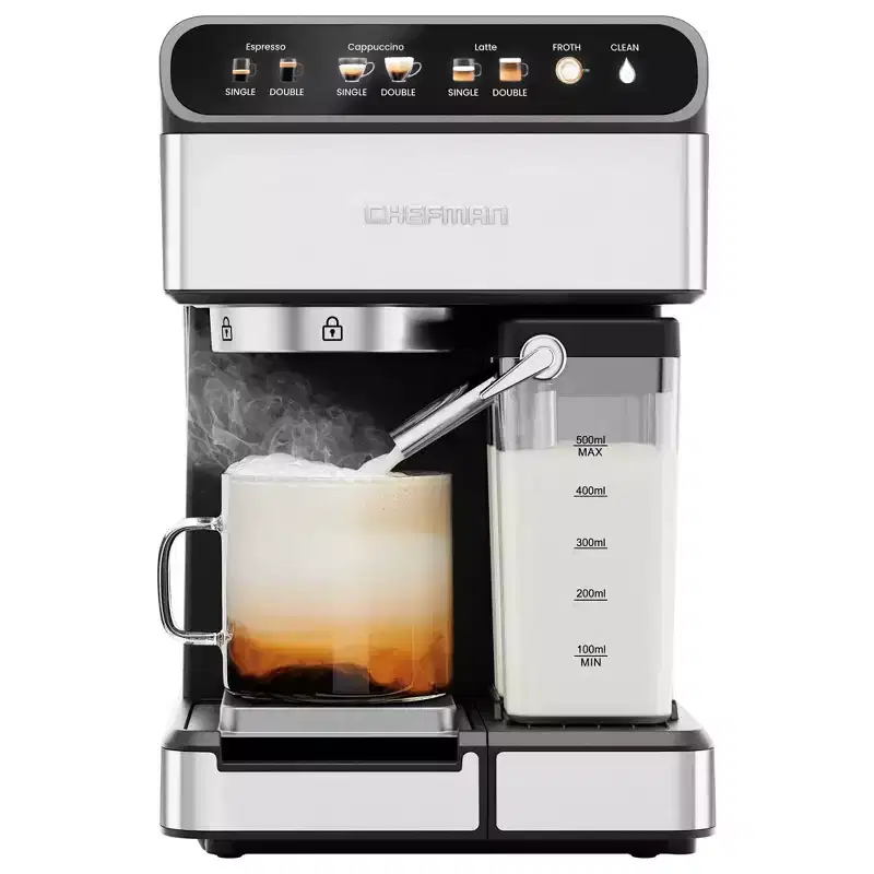 Chefman Barista Pro Espresso Maker Stainless Steel Finish: 1350W Electric Coffee Machine, Dishwasher-Safe Parts, 1.8L Capacity