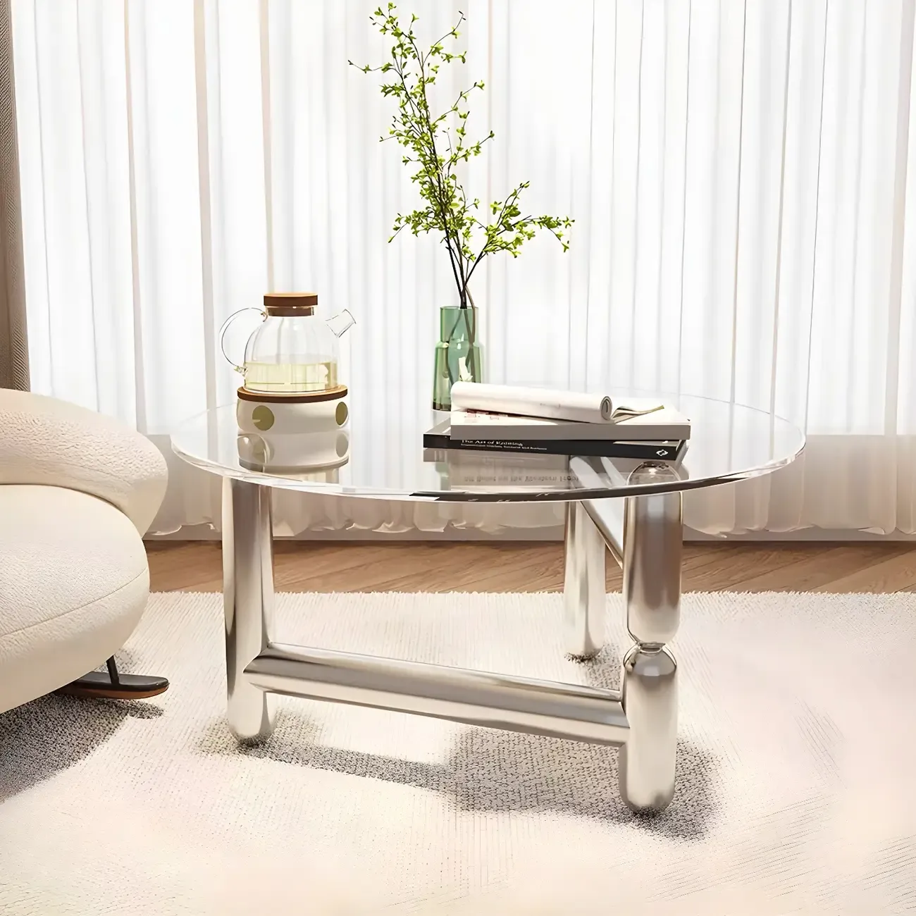 Round Glass Top Coffee Table with Stainless Steel Base