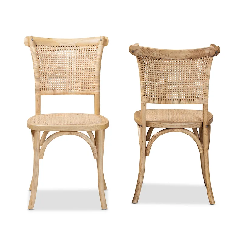 Fields Mid-Century Woven Rattan and Natural Wood Dining Chair Set (2PC)