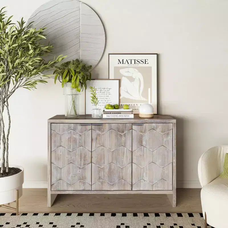 TUYOHW Wooden Accent Cabinet,Hexagonal Pattern Sideboard with Adjustable Shelves,Storage Buffet Server for Living Room,Entryway,Kitchen,Dining Room