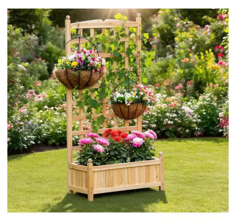 Wooden Raised Garden Bed with Decorative Trellis and Deep Planter Box, 23.5x11.5x49.25 inch