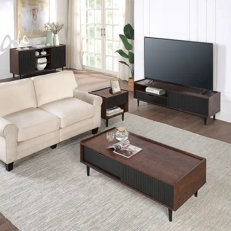Modern Ribbed Coffee Table with Drawer and Shelf