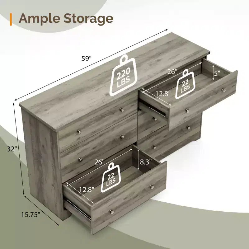 Karl Home 6-Drawer Grey Particle Board 59.06in. W Chest of Drawer