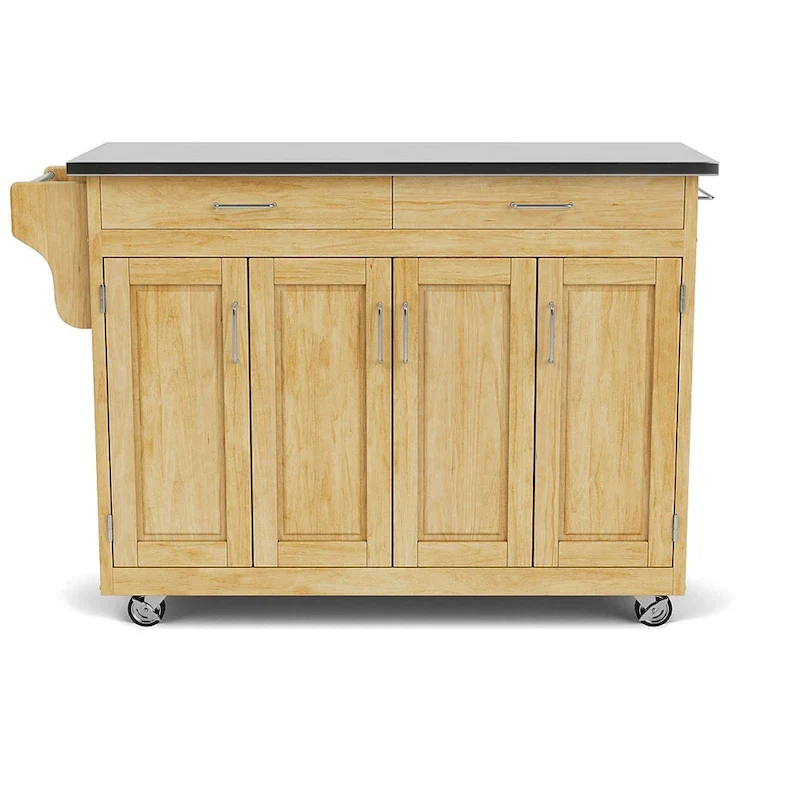 Natural Wood Mobile Kitchen Cart with Stainless Steel Top