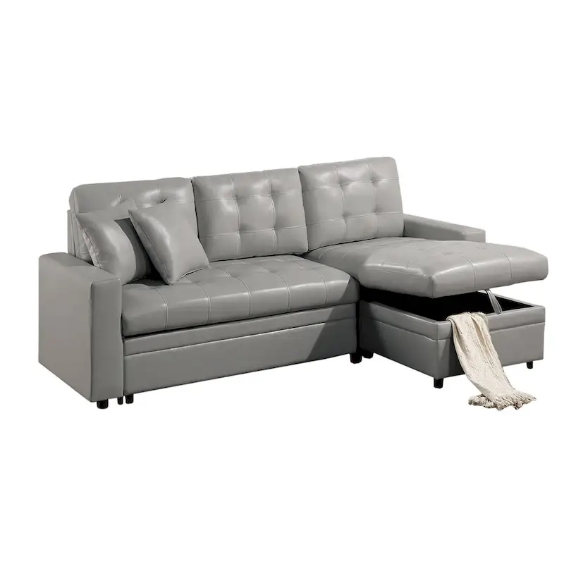 Faux Leather Convertible Sectional with Storage Space in Light Gray