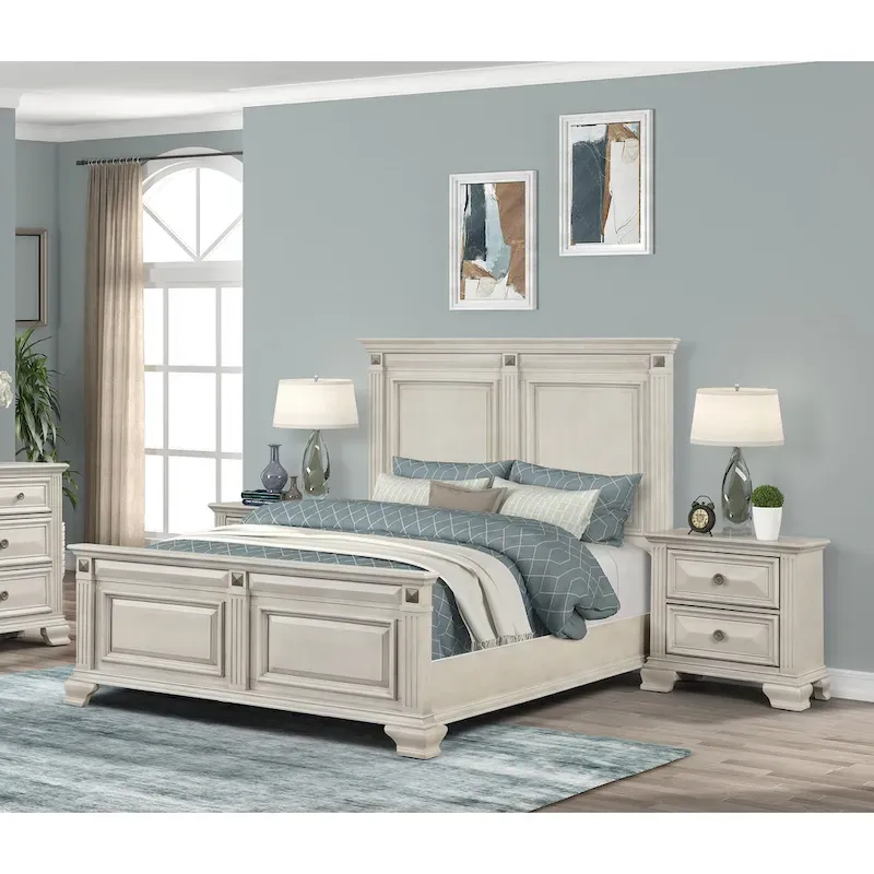 Renova 3-Piece Distressed Parchment Wood Bedroom Set, Panel Bed with 2 Nightstands
