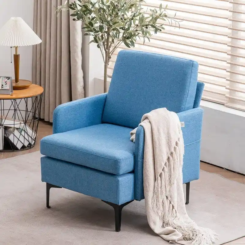 Dark Grey / Light Grey / Blue / Beige Linen Fabric Accent Armchair with Square Arms and Tapered Legs – 1 Person