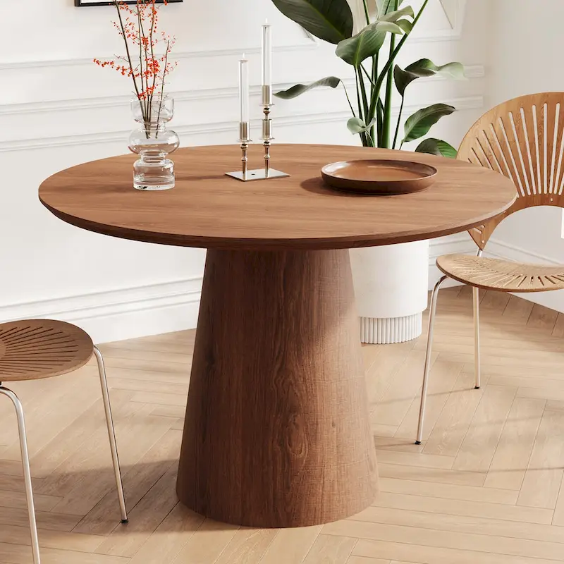 Round Dining Table - Natural Wood Grain, Pedestal Base, Seats 4-6
