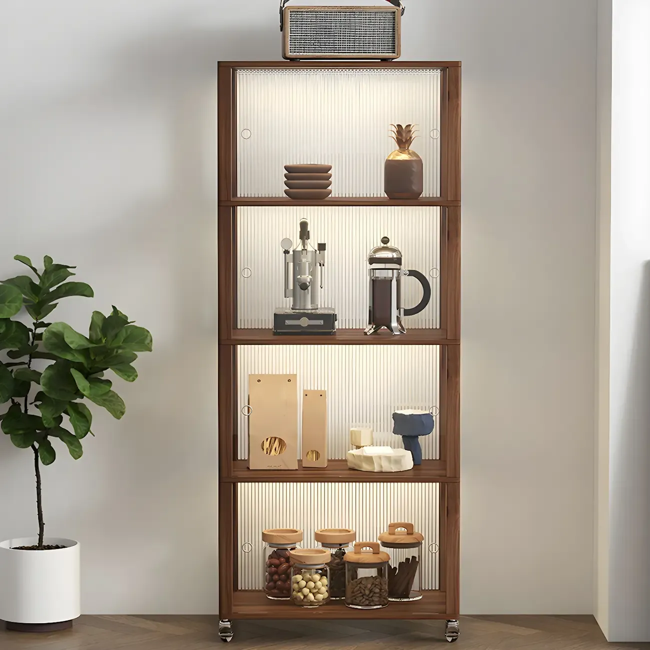 Modern Sliding Doors Pine Wood Curio Cabinet with Wheels