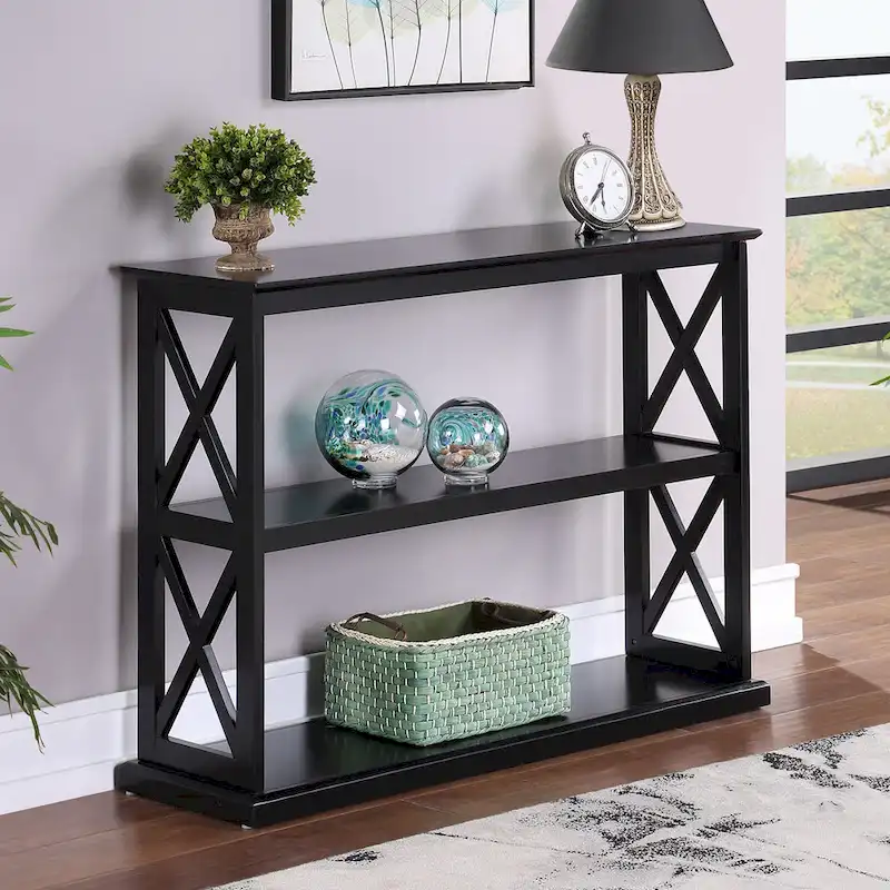 Espresso / Driftwood White / Black X-Panel Console Table with 2 Shelves