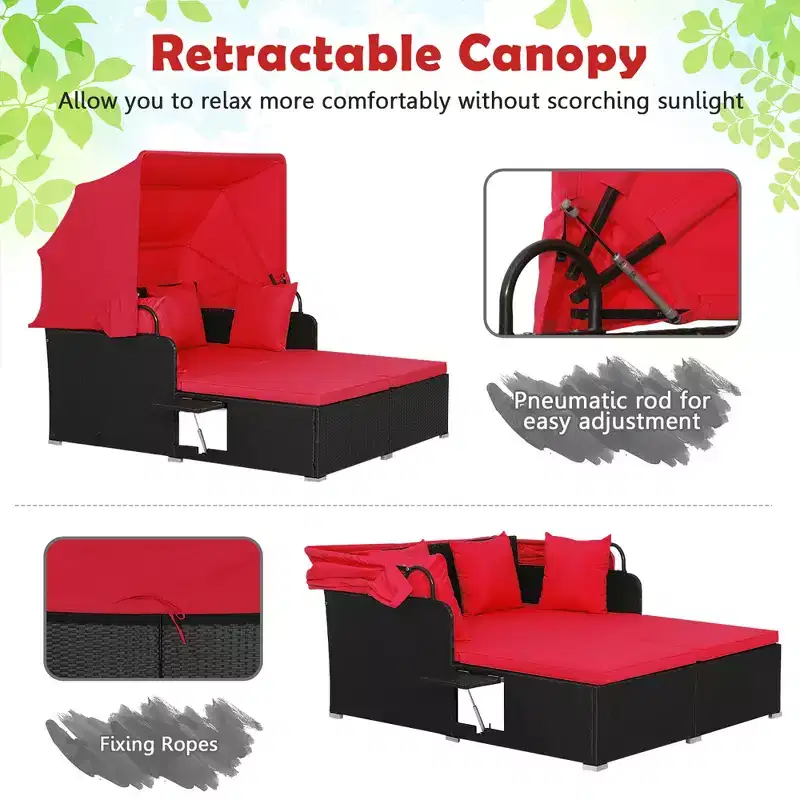 Costway Patio Rattan Daybed Lounge Retractable Top Canopy Side Tables Cushions Off White/Red/Turquoise/Beige