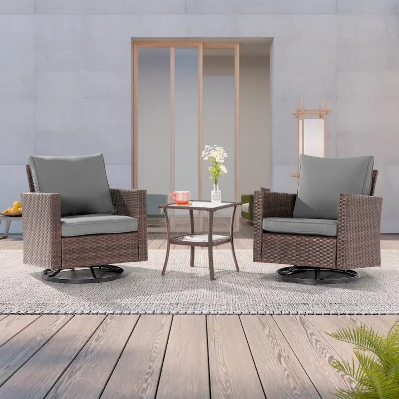 LIVOOSUN 3-Piece Patio Sofa Set Brown Rattan Swivel Rocking Chair Glass Table