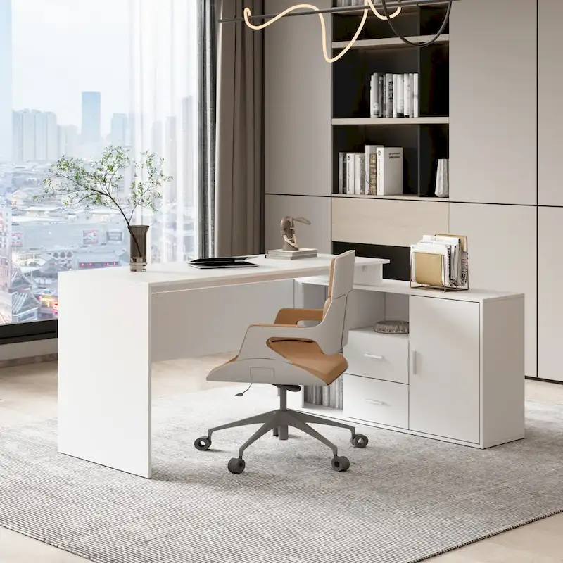L-Shaped Corner Computer Desk, 55-Inch, MDF, Home Office Writing Table with Storage
