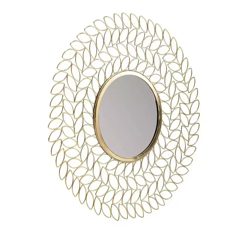 Brewster Damon Leaf Wall Mirror Gold : 28" Round, Modern Style, Metal Frame, No Assembly Required