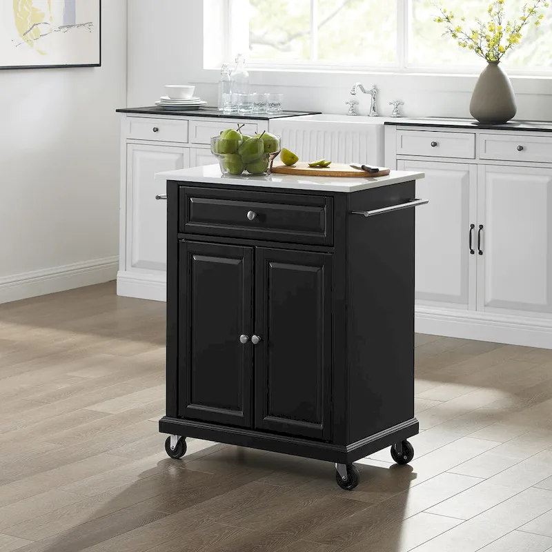 Portable White Granite Top Kitchen Cart Black Finish Cabinet Drawer & Casters 31x18x35