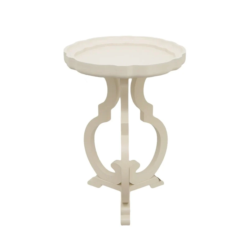 French Country Wood Side Table with Scalloped Edge Tray Top and Curved Legs