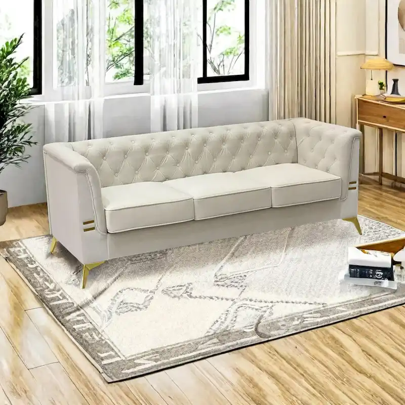 82.7 Velvet 3-Seater Sofa with Gold Metal Legs