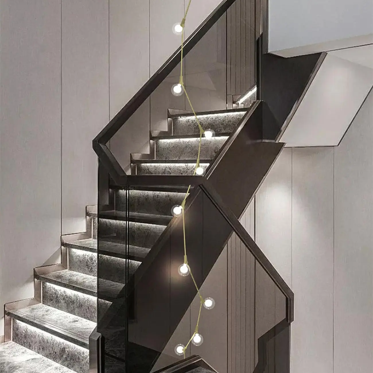 Modern Gold Branch Globe Glass Downrod Stairwell Chandelier