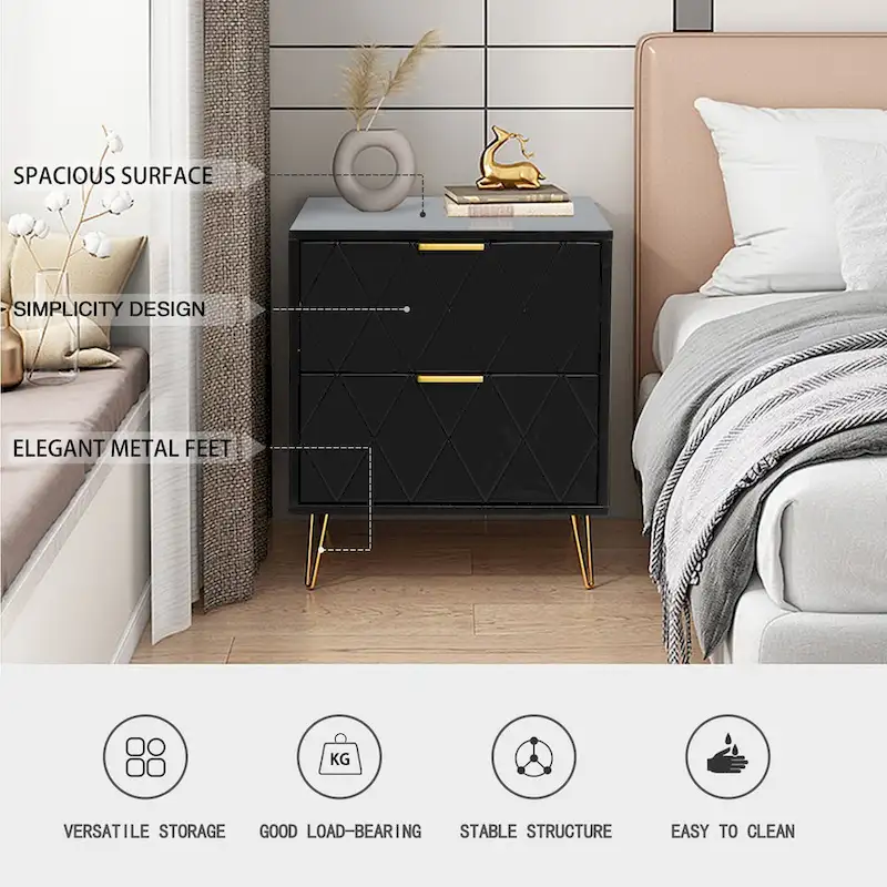Set of 2 Nightstand 2 Drawer End Side Table Bedside Metal Legs Modern Bedroom Living Room