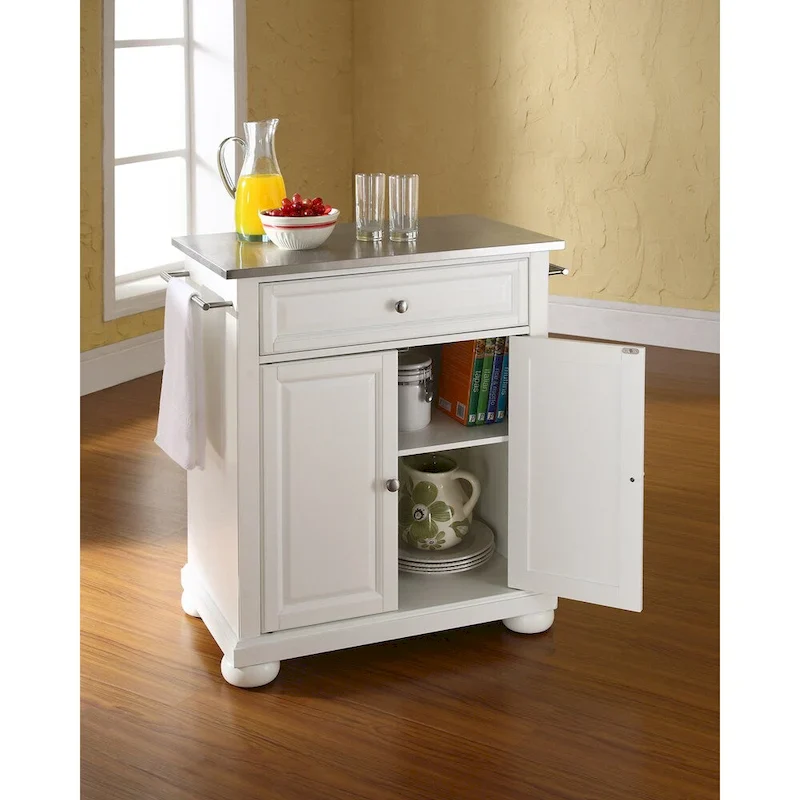 White Wood Portable Kitchen Island with Stainless Steel Top - 31W x 18D