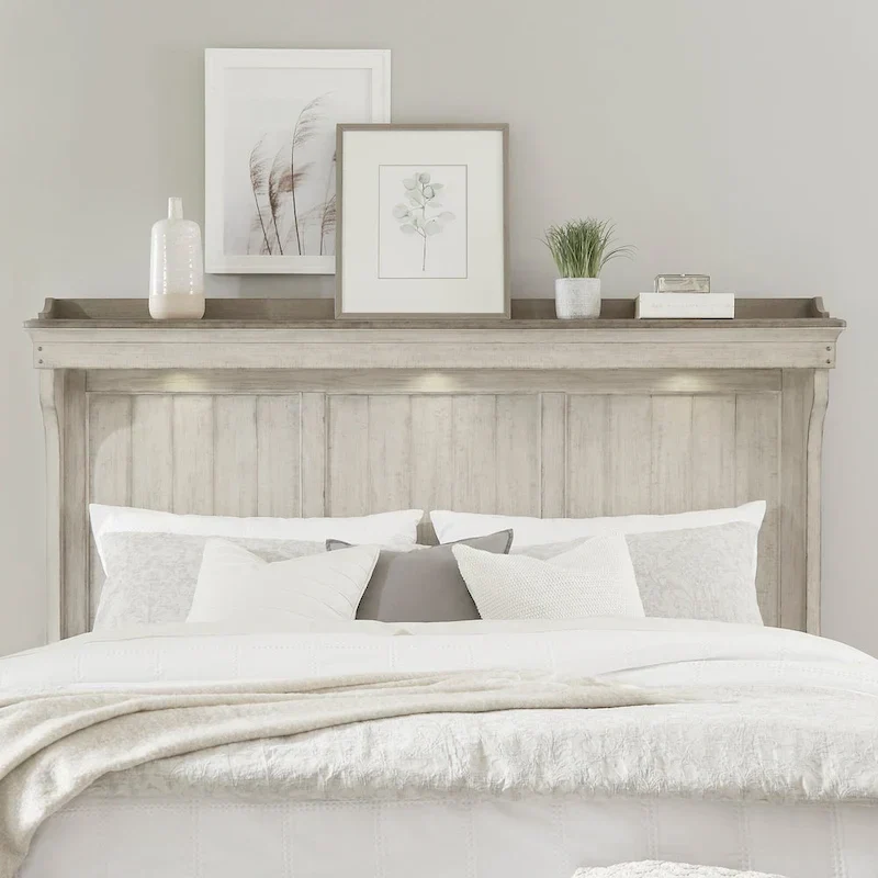 White Weathered Linen King Mantle Panel Bed with Touch LED Headboard & Dusty Taupe Accents – 2-Person