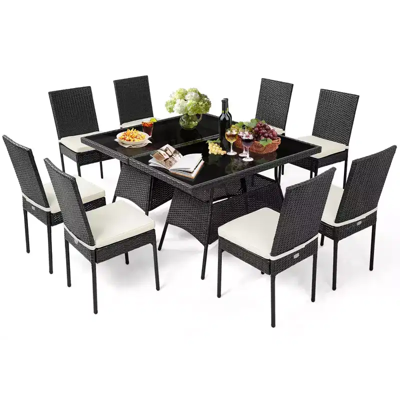 Costway 10PCS Patio Rattan Dining Set Cushioned Chair Table with Glass Top Garden Furniture
