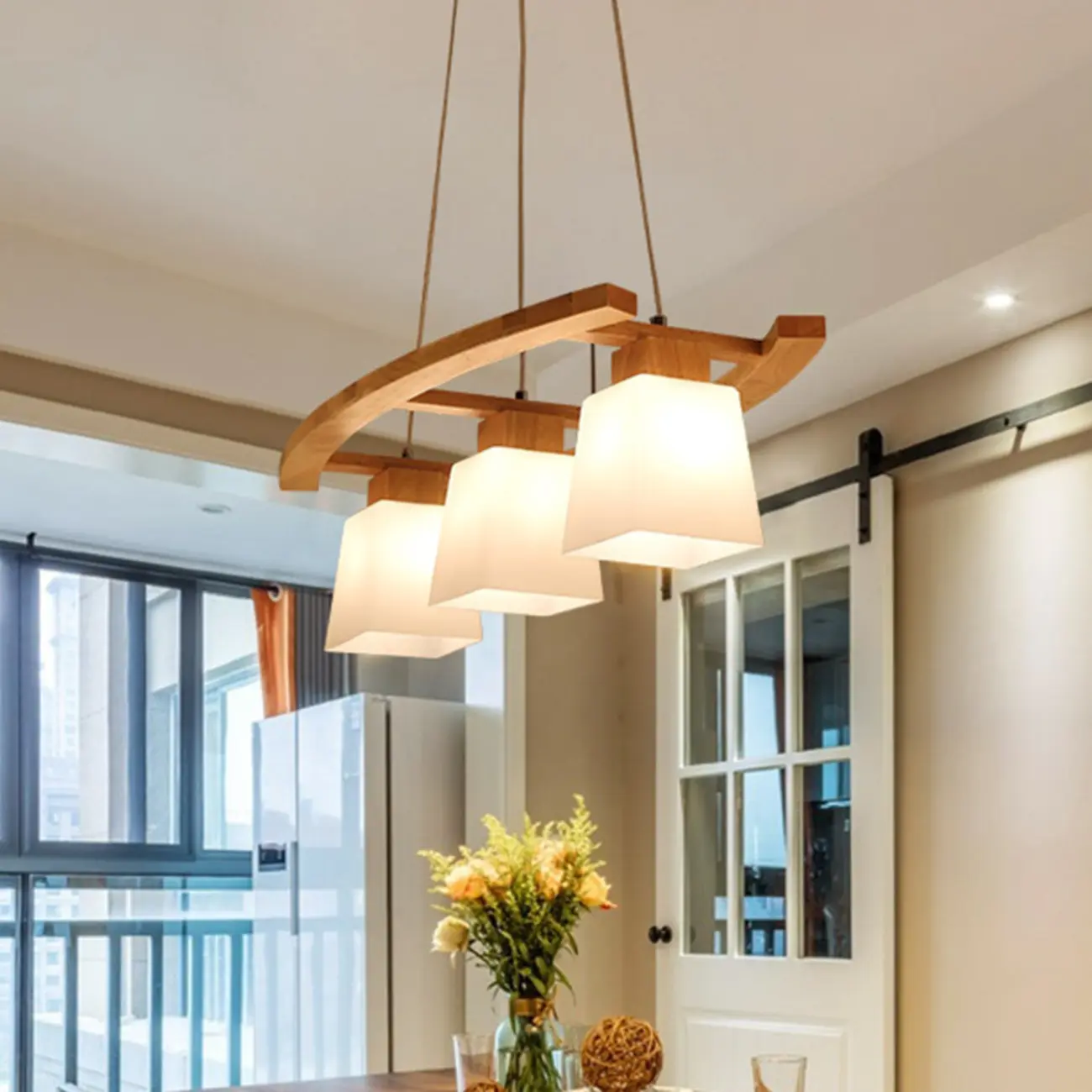 Modern 3-Light Wooden Glass Pendant Light Island Hanging