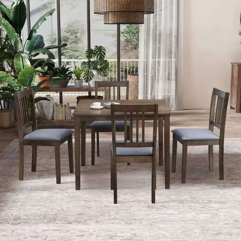Modern 5-Piece Dining Set with Square Table & 4 Slat Back Upholstered Chairs