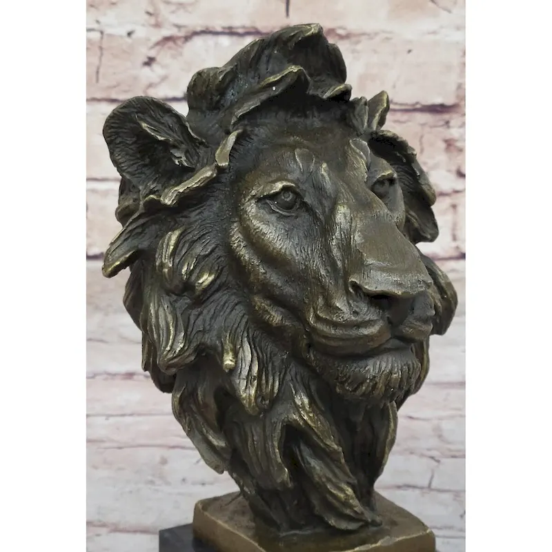 Male Lion Bronze Bust Statue Sculpture Figure On Black Marble Base Signed Barye 9 Inches X 4 Inches
