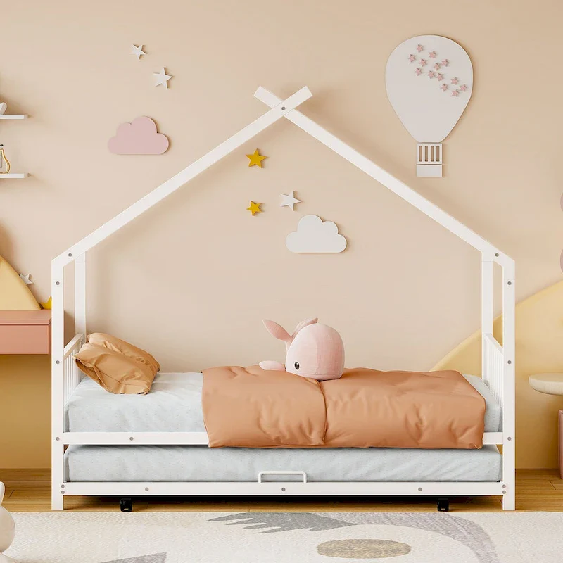 Pink / Black / White Metal House Bed with Twin Trundle, for 2 Kids