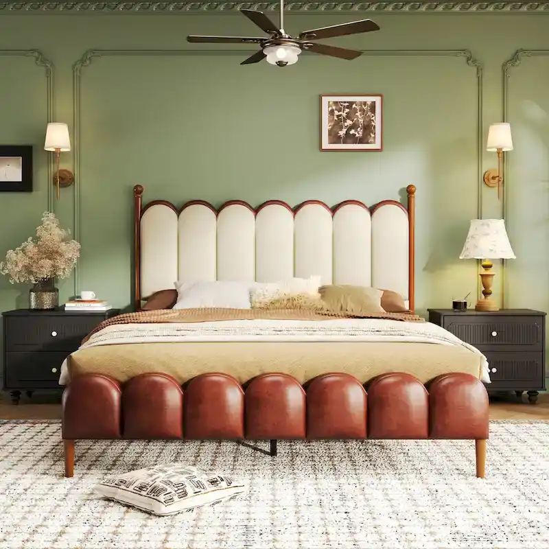 Leather Upholstered Bed with Headboard & Footboard, Solid Wood Slats & Legs