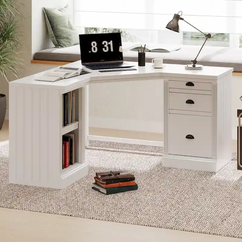 White L-Shaped Executive Desk with 3 Drawers & 2 Open Shelves – Single