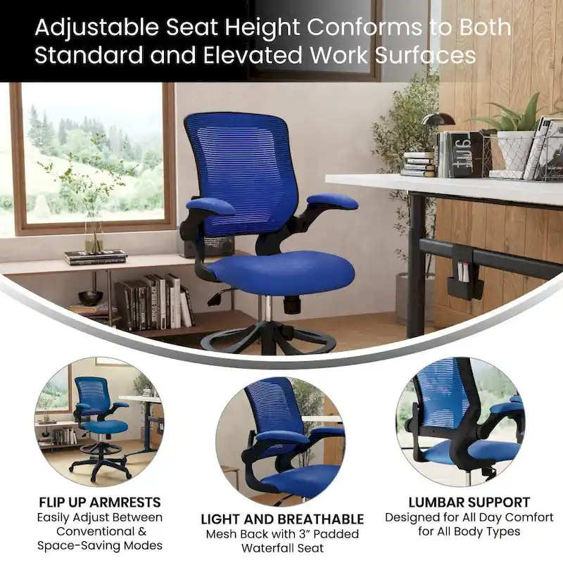 Mid-Back Mesh Ergonomic Drafting Chair with Foot Ring and Flip-Up Arms