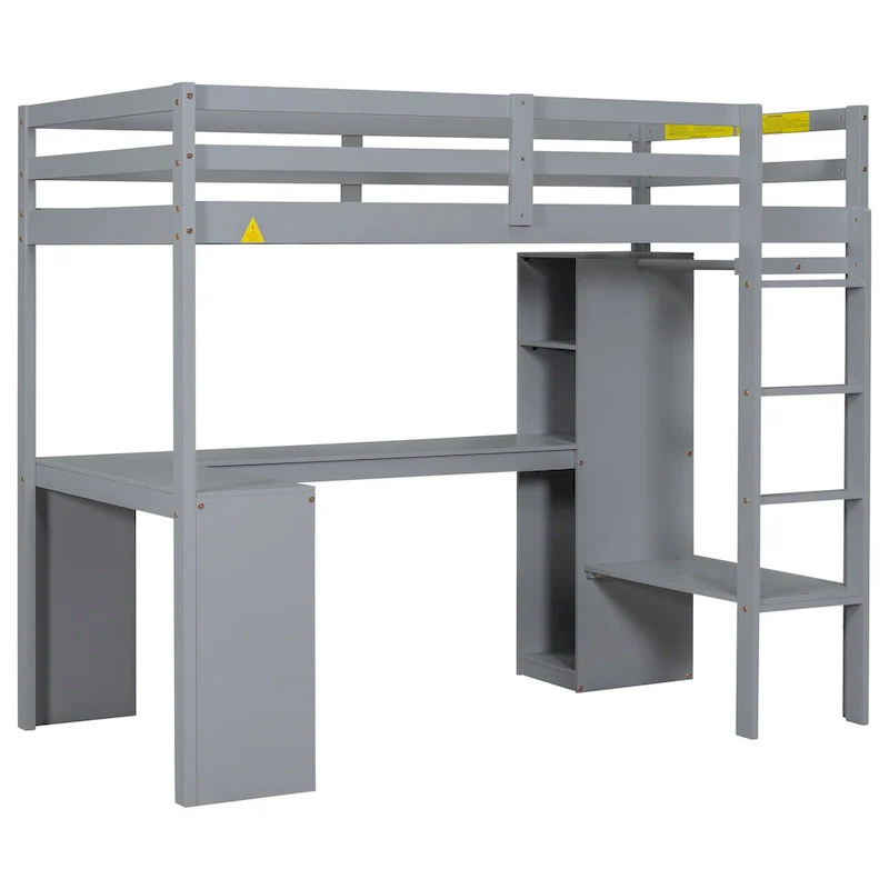 Grey Twin Solid Wood Loft Bed with L-Shaped Desk, Wardrobe & Shelves