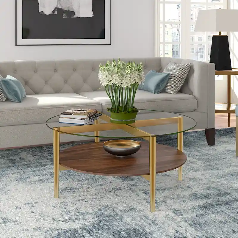 Gold / White Mid-Century Modern Round Tempered Glass Coffee Table with Steel Frame - Single Use