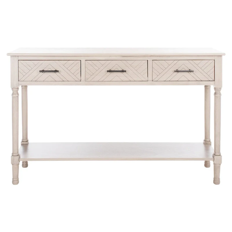 3-Drawer Console Table with Herringbone Pattern and Bottom Shelf